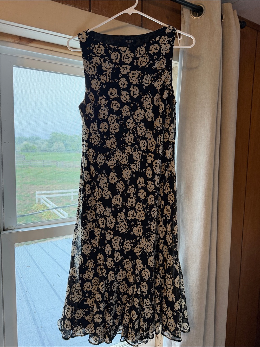Chaps Black Midi Dress with Cream Floral Print